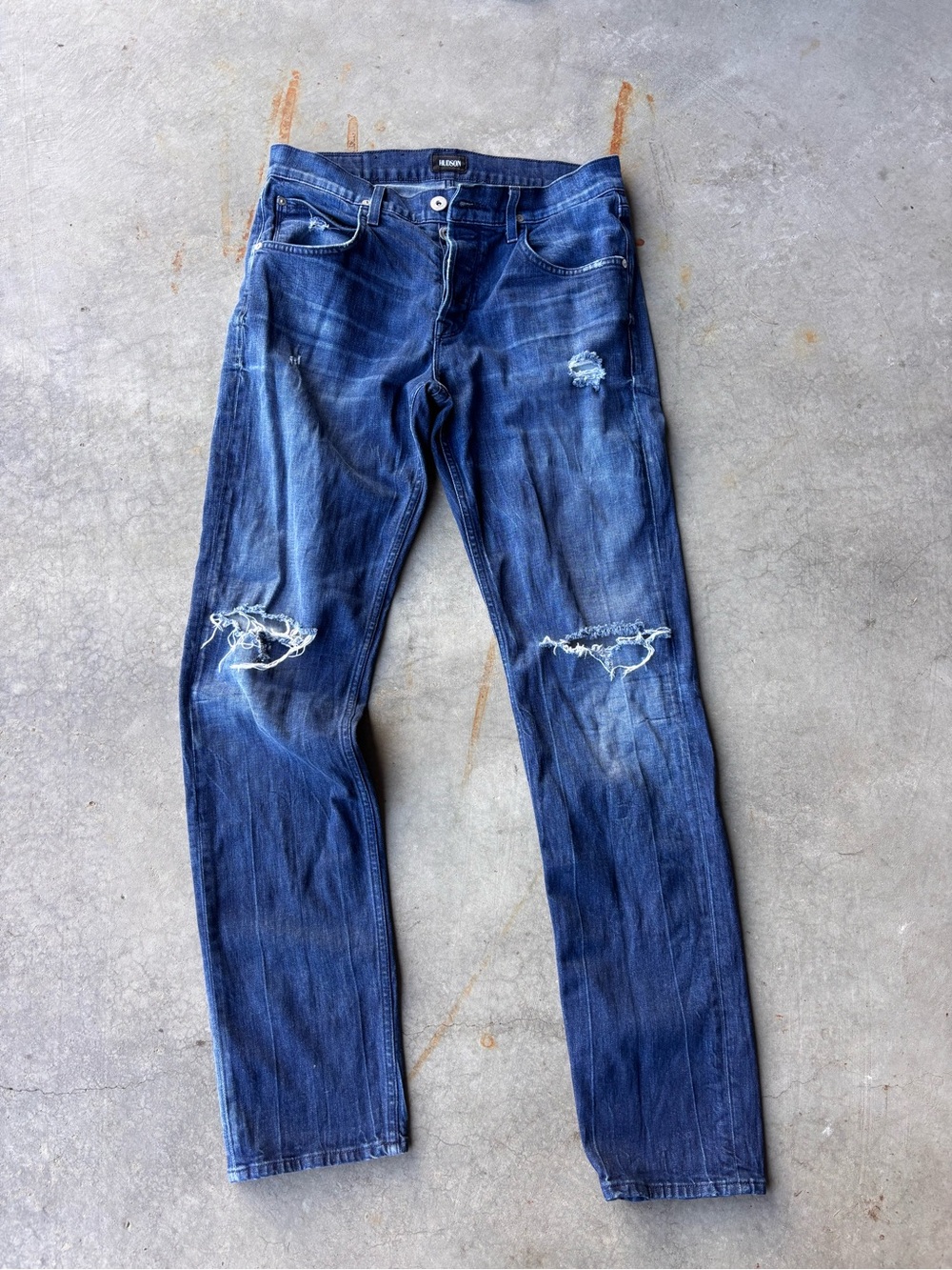 Hudson Blake Slim Straight Jeans Mens 33 x 34 Distressed Dark Wash Button Fly